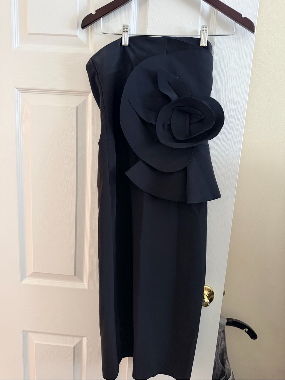 Chiara Boni Strapless Black Midi Dress with Sculpted Floral Detail
